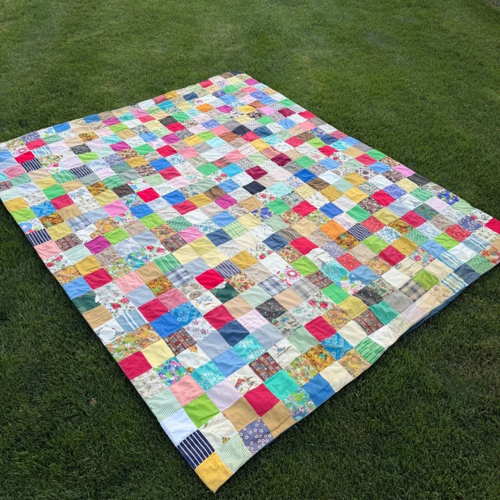 Vintage Handmade Patchwork Tied Quilt Multi Color Scrappy Boho Farmhouse 88x102